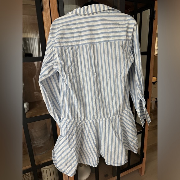 H&M mini dress long sleeve striped button down collar cotton peplum drop hem - Picture 4 of 8